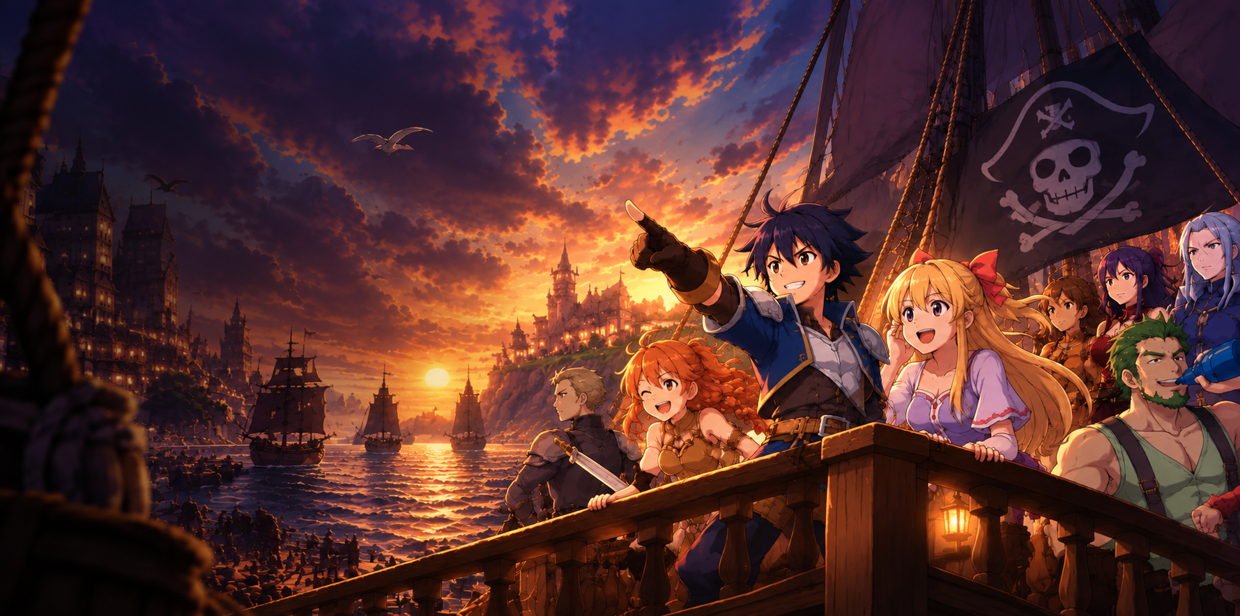 Abyss-Sea crew on deck at sunset, sailing toward Ascaron